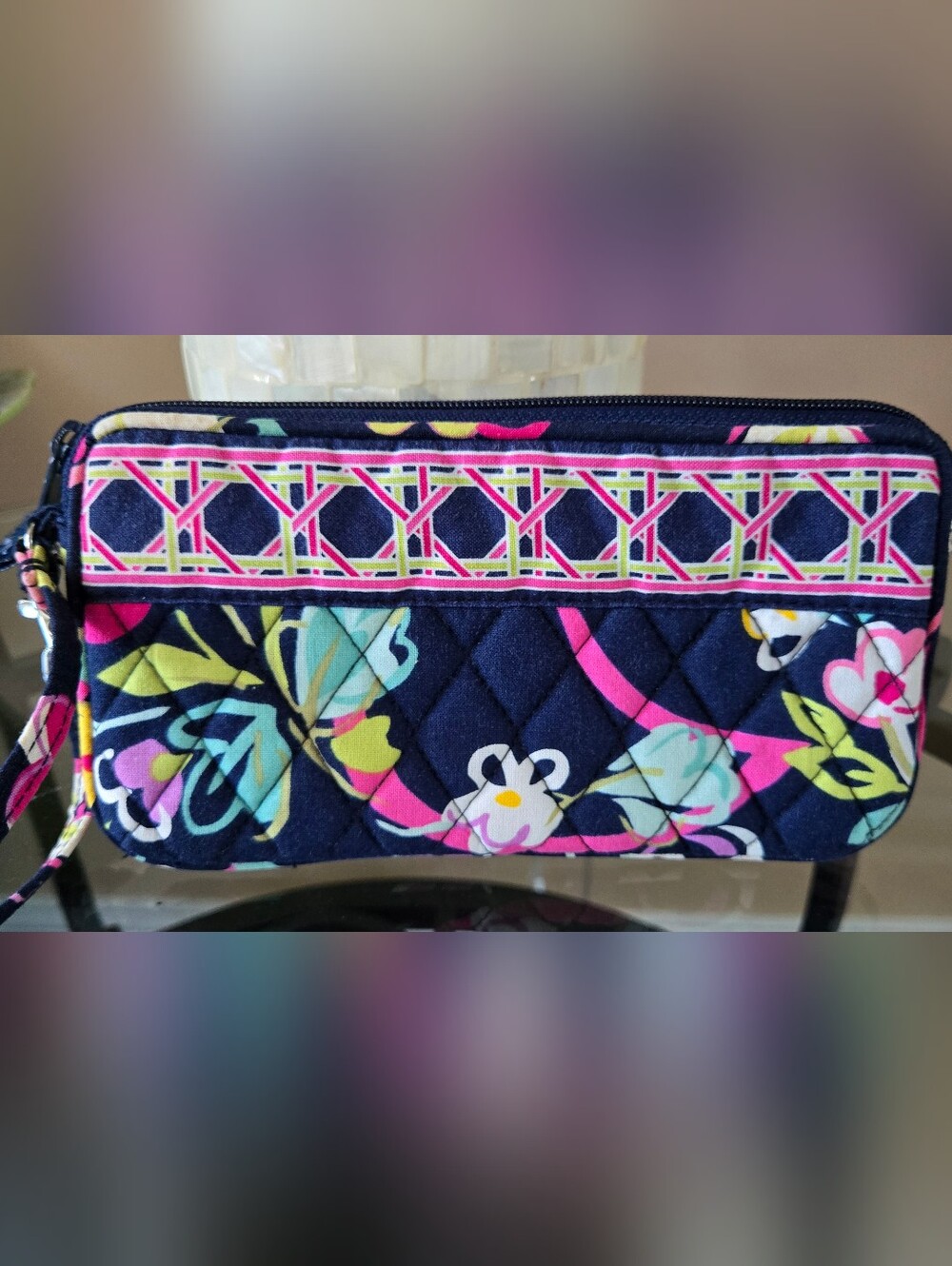 Vera Bradley Large Smartphone Wristlet Ribbons Navy Blue Quilted Cotton Floral